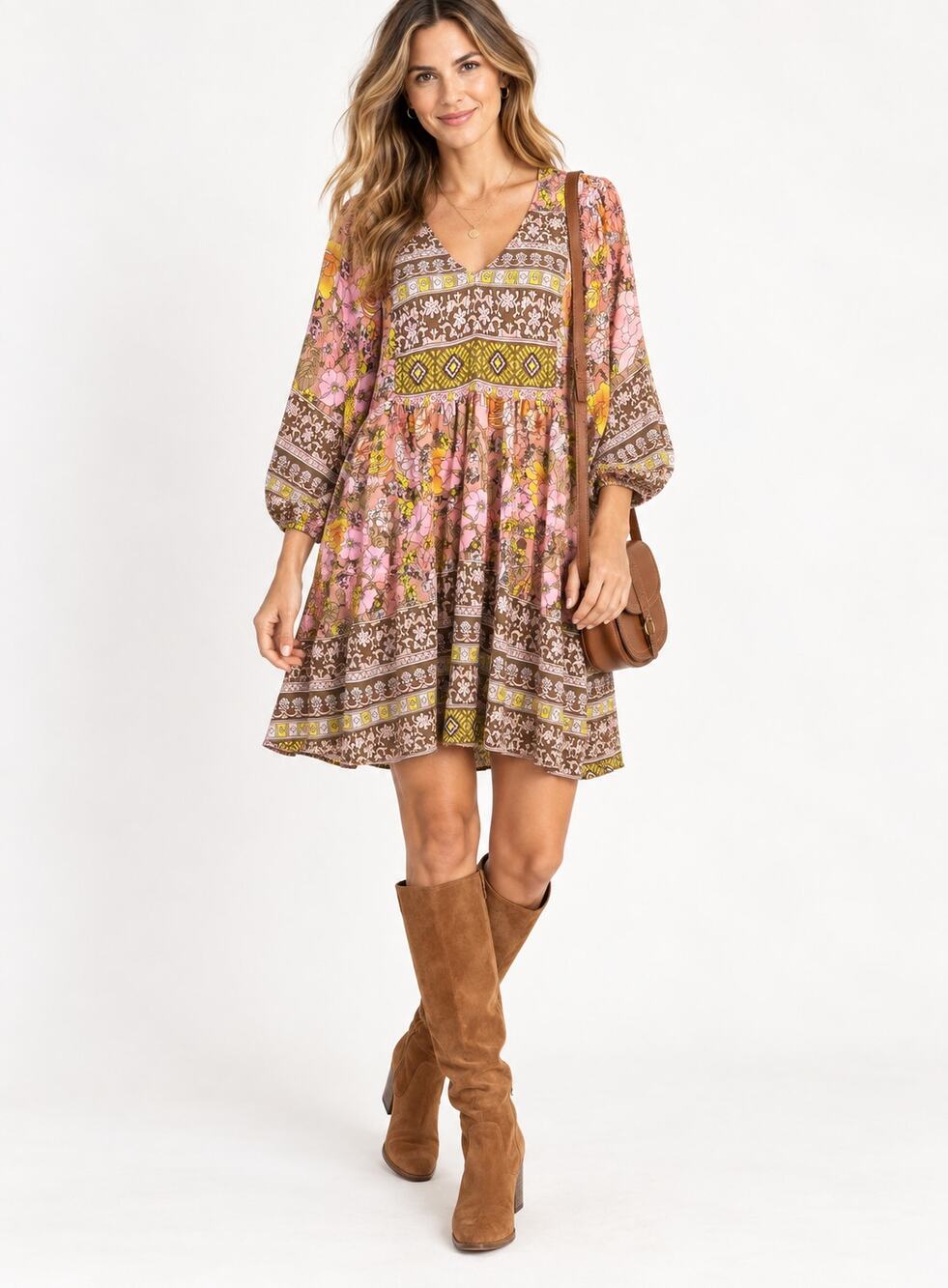 GIGIO Pink Floral Paisley Boho Babydoll Mini Dress Balloon Sleeve Small